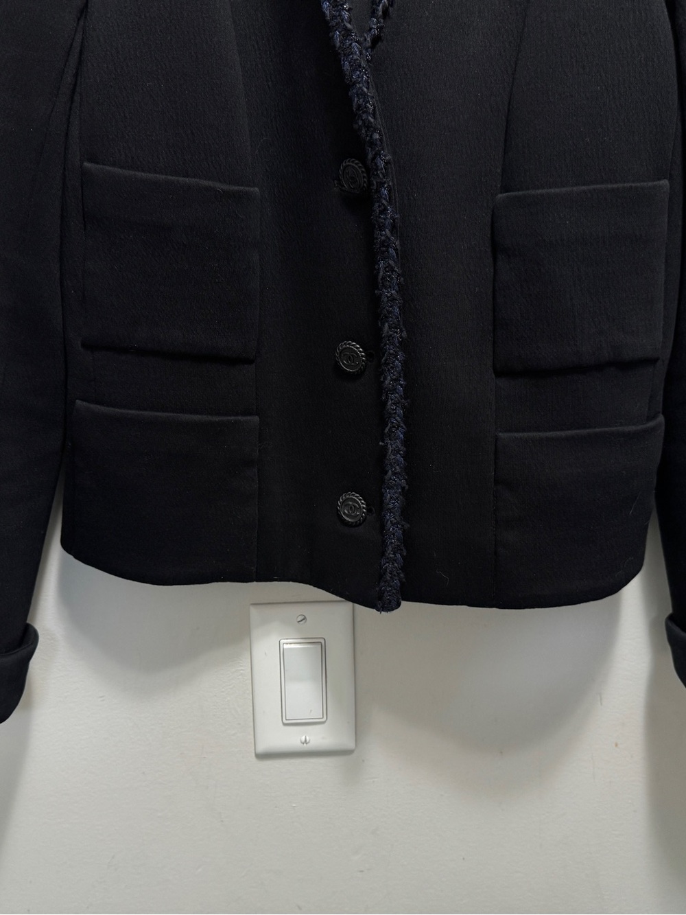 Chanel Uniform Black Cropped Jacket – Tweed Trim – Size 38 (Fits Small) - Picture 3 of 12
